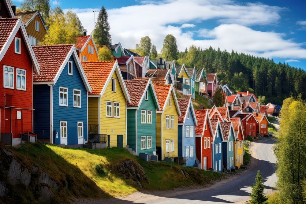 Colorful nordic houses architecture outdoors building.
