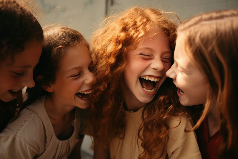 Ginger hair girl giggling with friends laughing child togetherness.