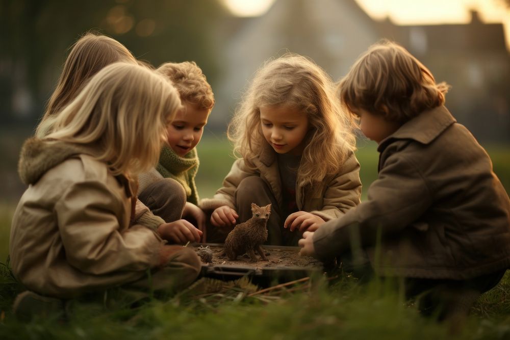 Group of children playing outdoors plant grass.