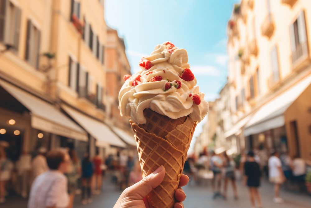 Italian gelato on cone dessert adult food.