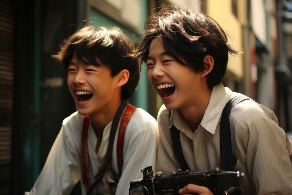 Japanese boys laughing photo togetherness.