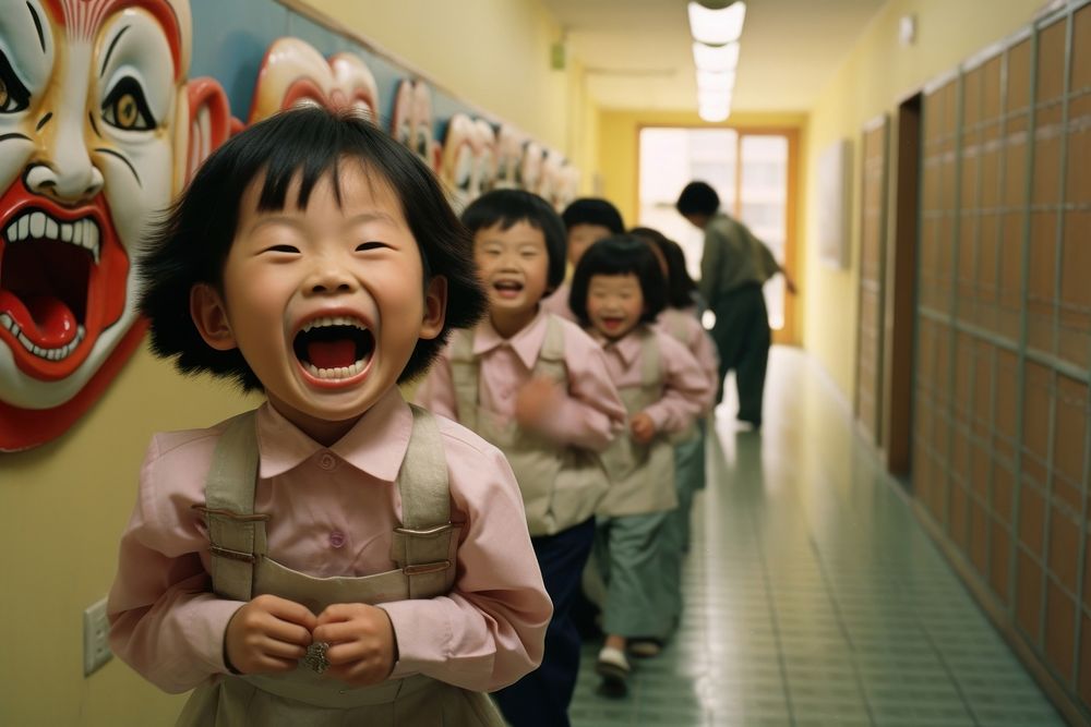 Korean kindergarteners laughing shouting school adult.