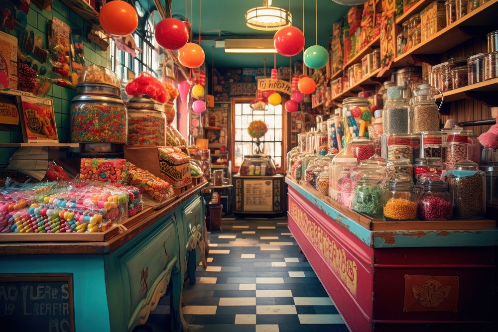 Retro candy store food confectionery architecture.