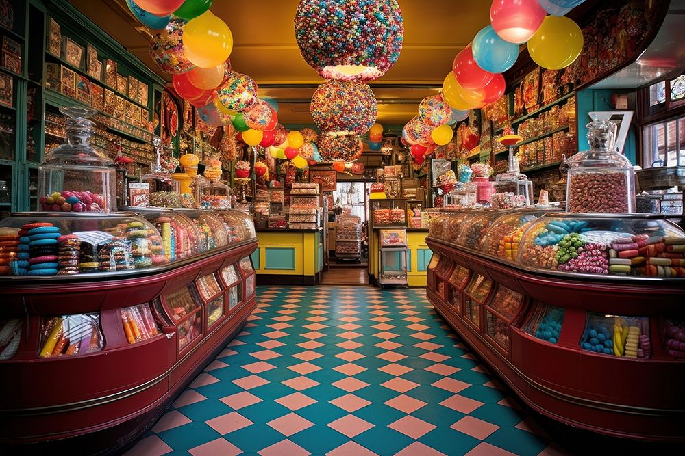Retro candy store food confectionery architecture.
