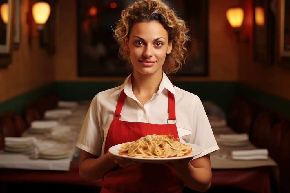 Waitress serving lasagna at a table for four restaurant adult freshness.