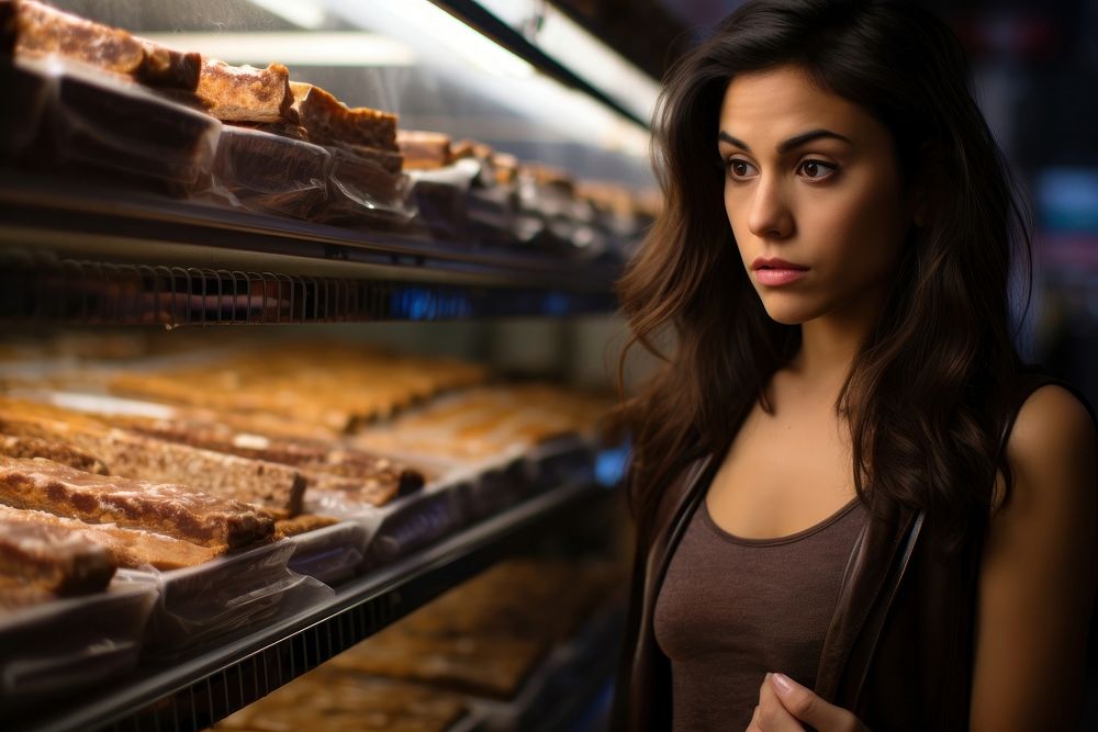 Young hispanic woman looking at a turron adult oven contemplation.
