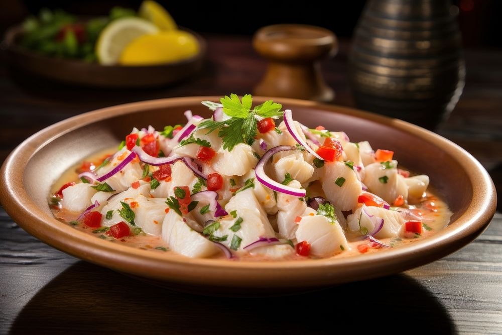 Authentic peruvain fish ceviche plate food meal.