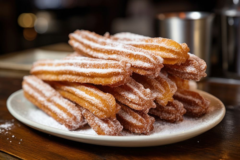 Sugar dusted churros plate food meat.
