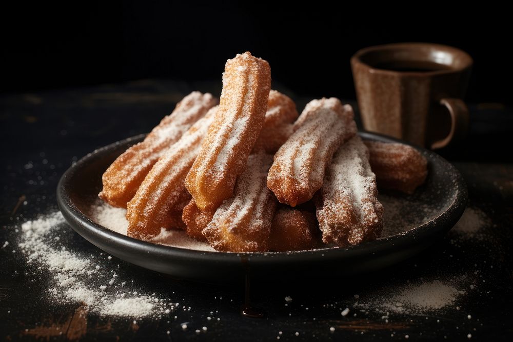 Sugar dusted churros plate food cup.