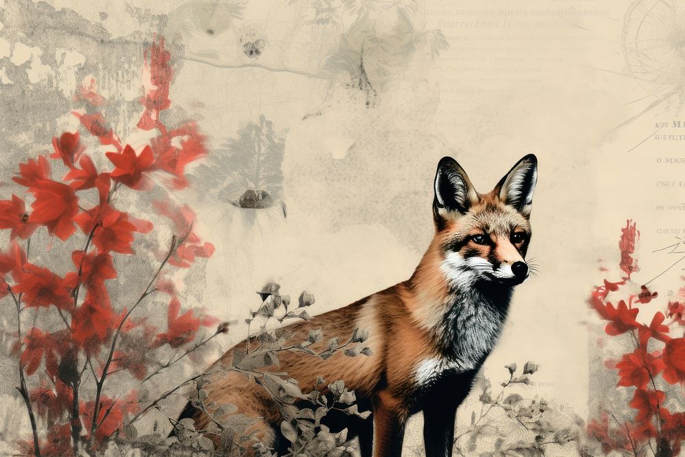 Red fox illustration ephemera animal mammal plant.