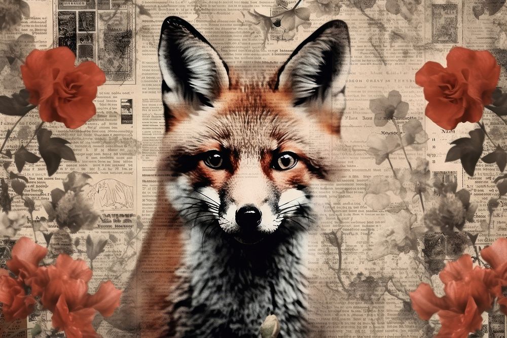 Red fox illustration ephemera wildlife animal mammal.