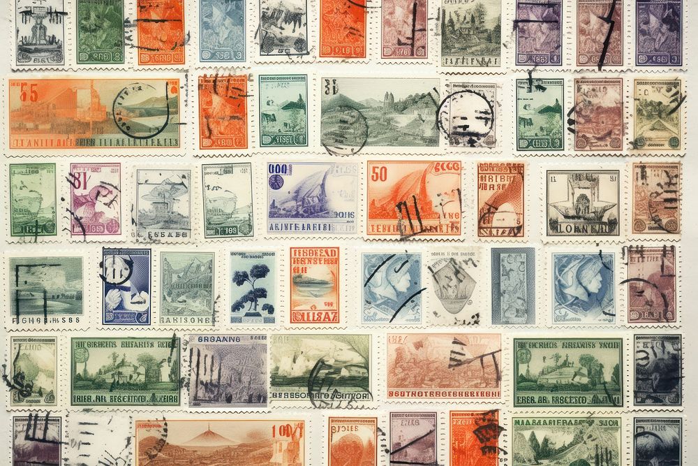 Postage stamps ephemera border backgrounds collage paper.