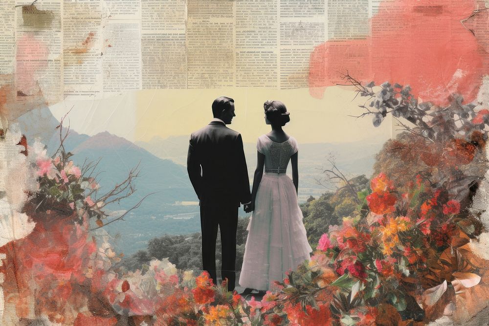 Couple and wedding landscapes collage painting flower.