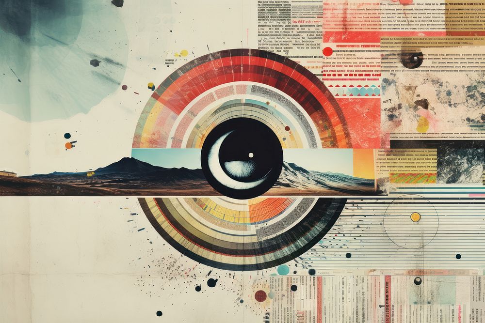 Vinyl record and eye landscapes collage backgrounds painting.