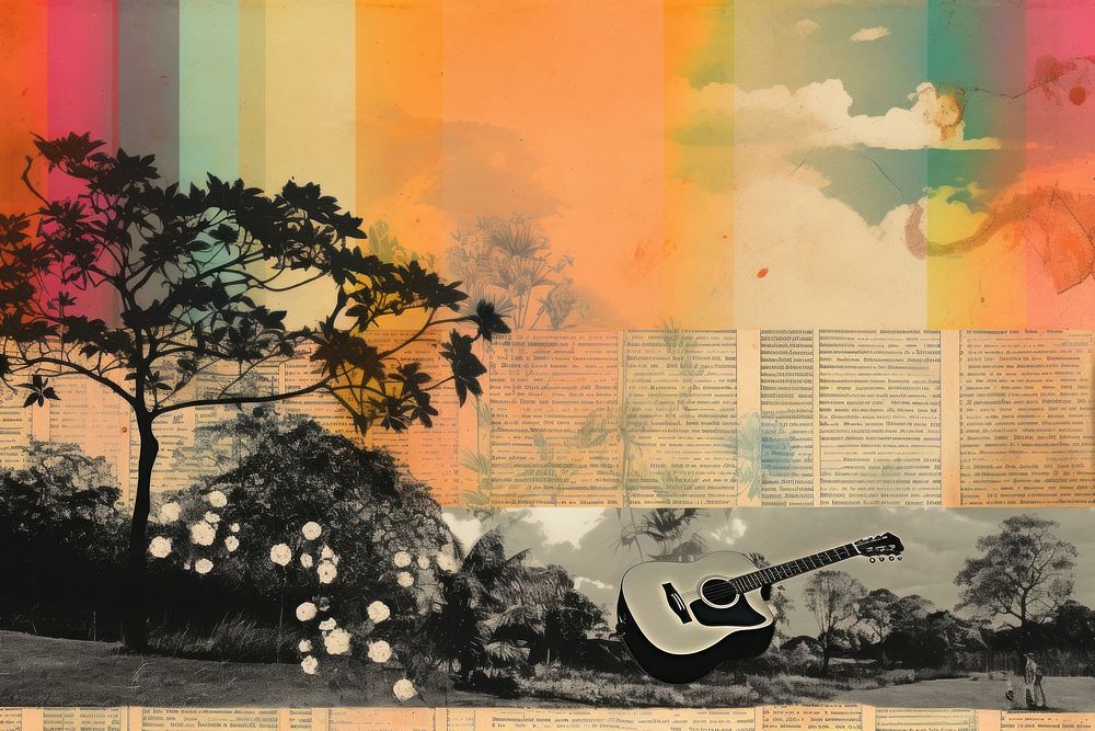 Guitar music border landscapes painting collage paper.