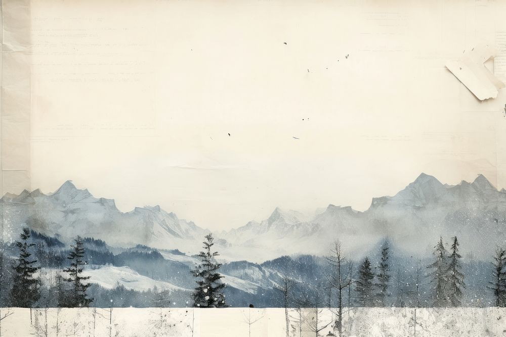 Winter landscape ephemera border mountain snow painting.