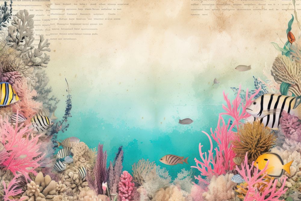 Coral reef and fish ephemera border backgrounds underwater outdoors.
