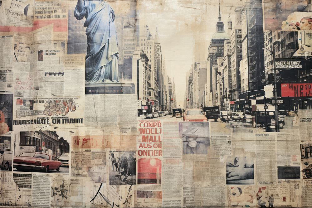 New york landmarks ephemera border newspaper collage backgrounds.