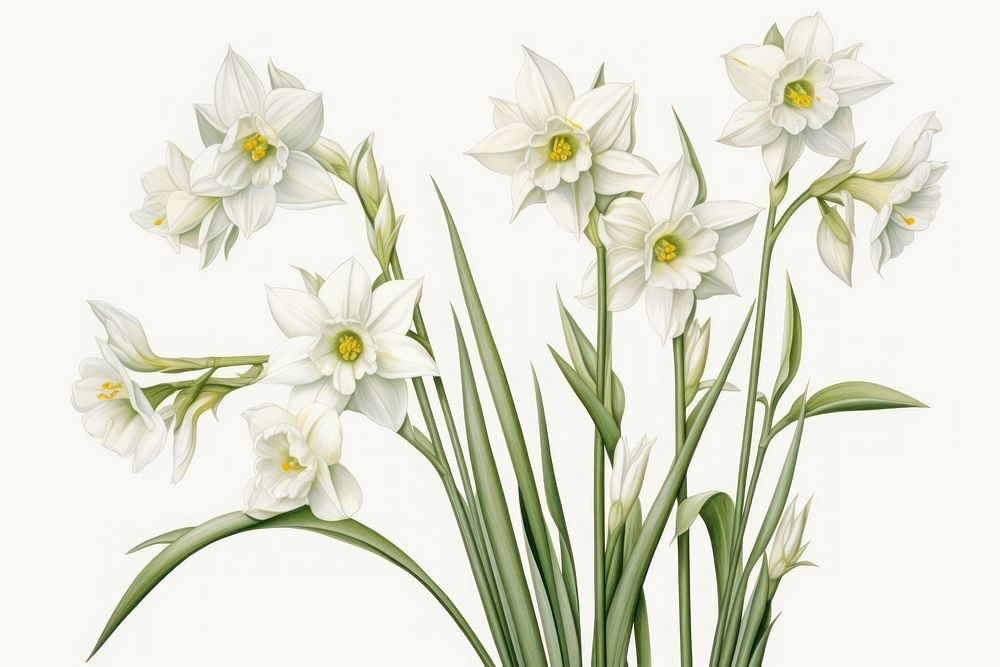Botanical illustration narcissus flower plant white.
