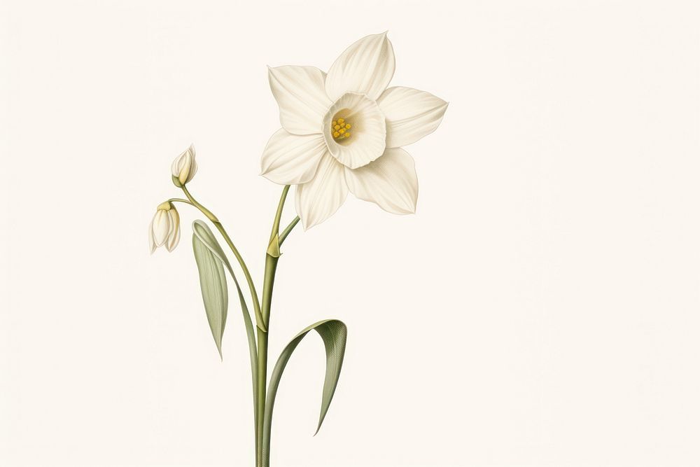 Botanical illustration narcissus flower plant white.
