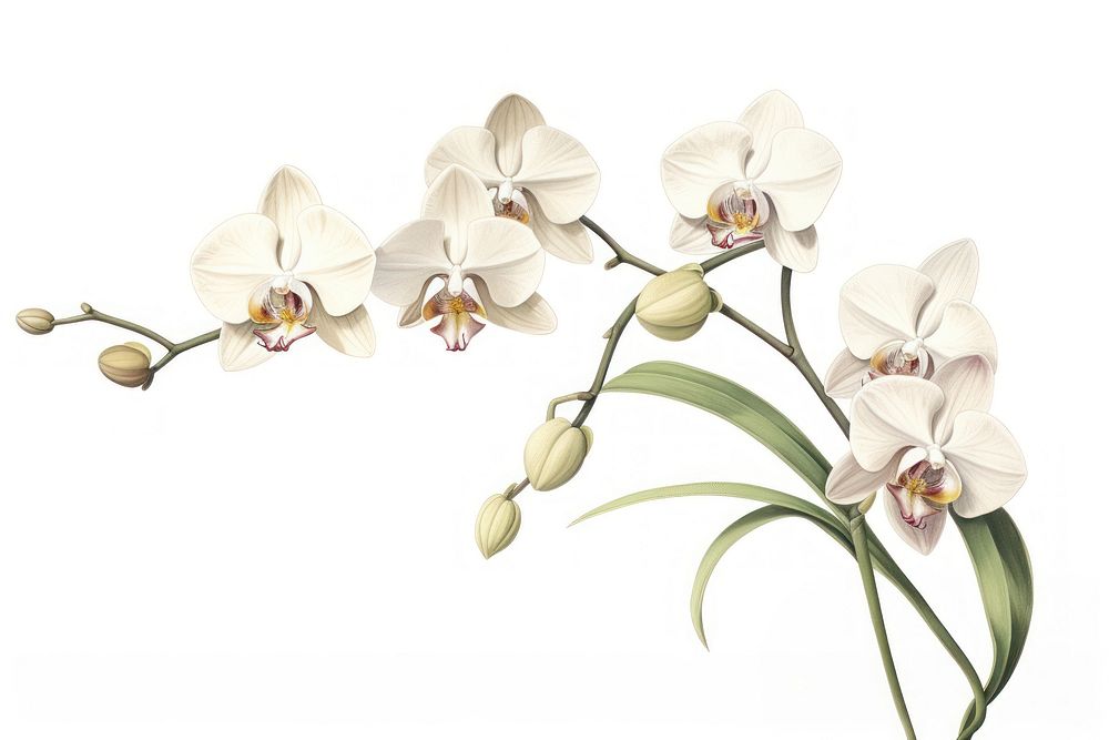 Botanical illustration orchid flower plant white.