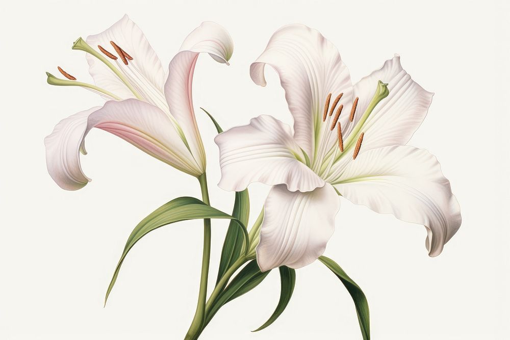 Botanical illustration blooming lily flower plant white.