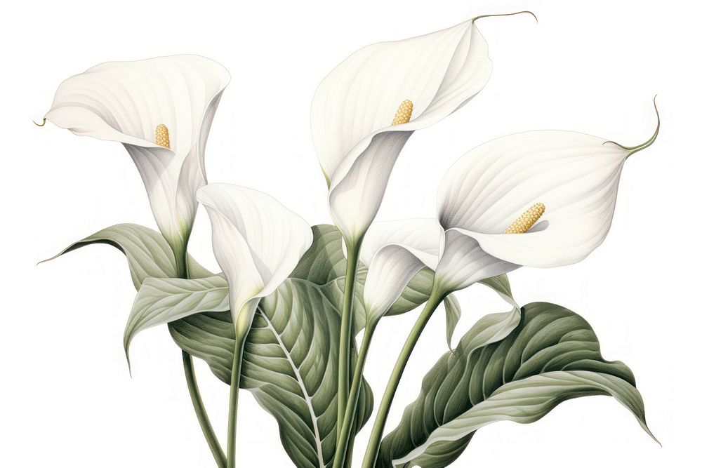 Botanical illustration calla lily flower plant white.