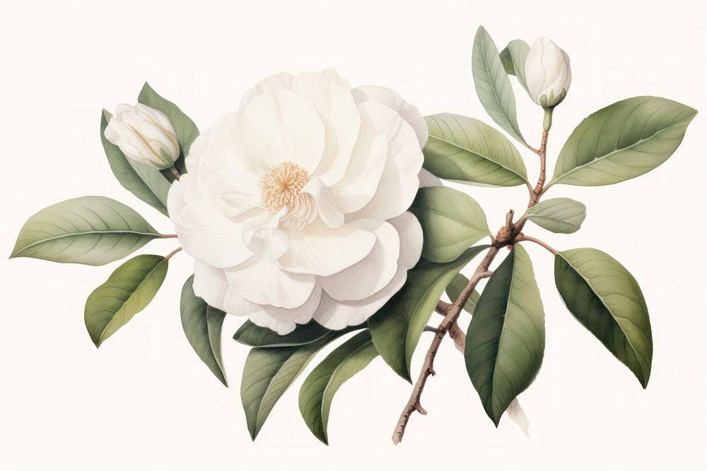 Botanical illustration camellia flower blossom plant.