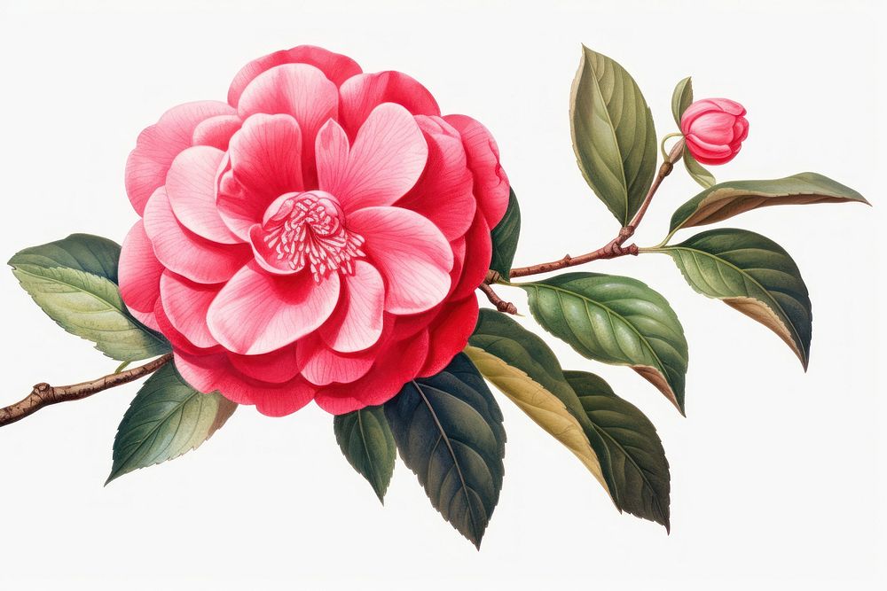 Botanical illustration camellia flower blossom dahlia.