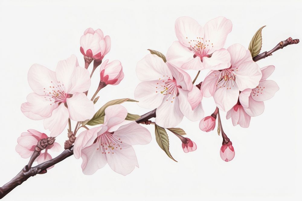 Botanical illustration cherry blossom flower plant white.