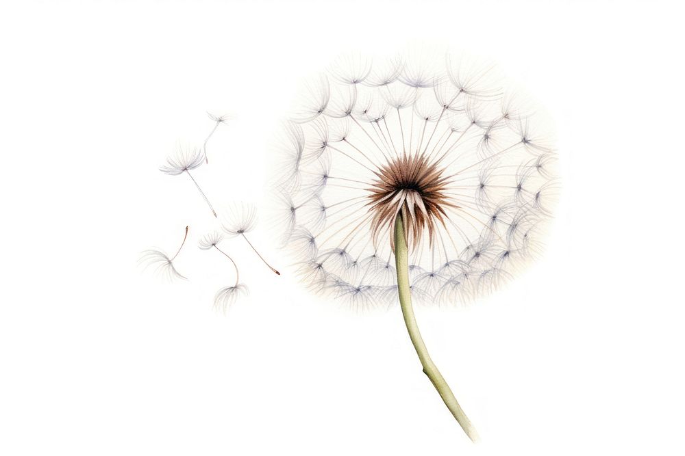 Botanical illustration dandelion flower plant white.