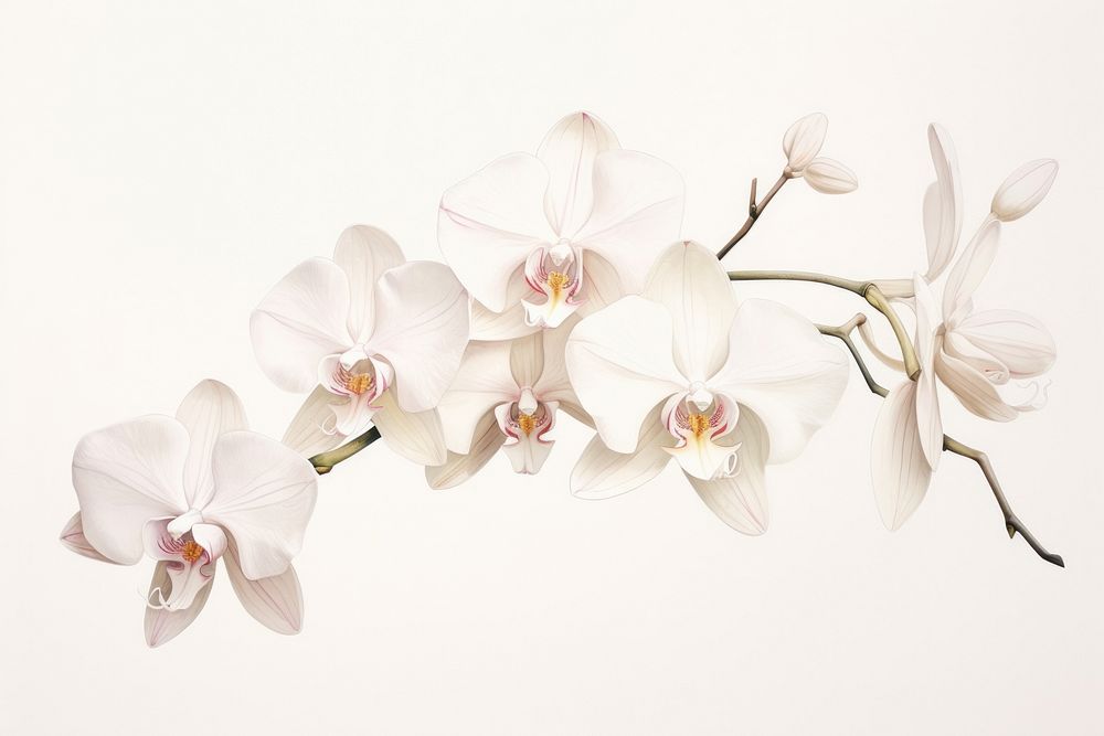 Botanical illustration floating orchid flower plant white.