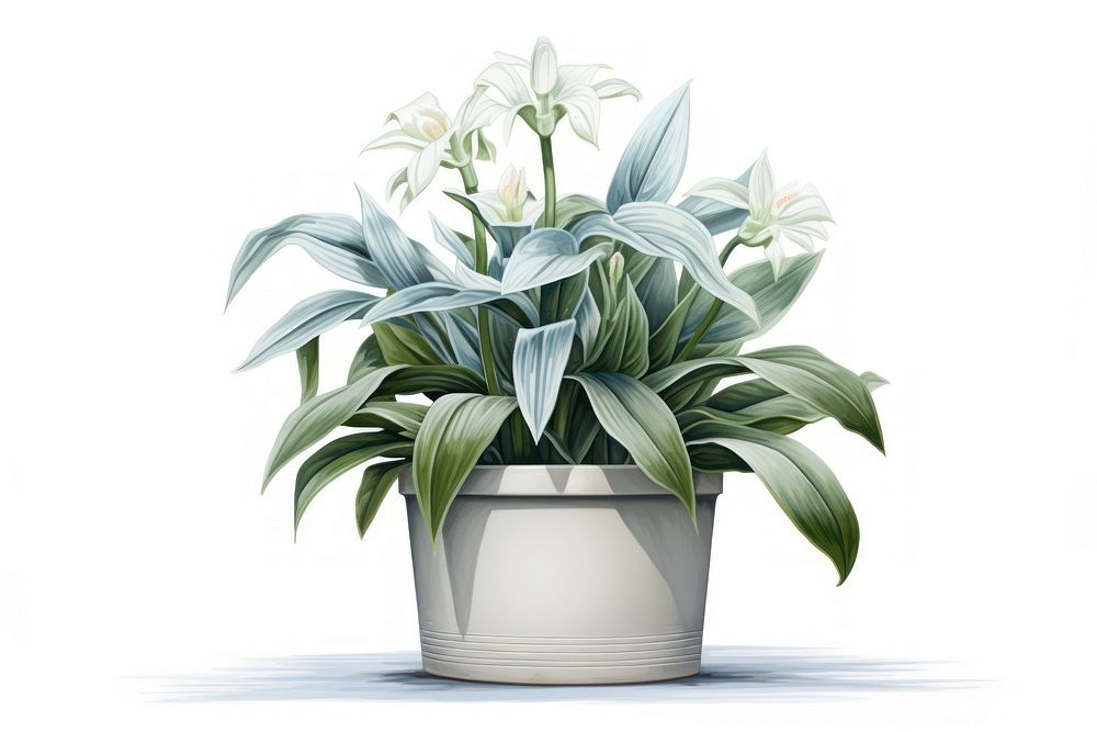 Botanical illustration flower pot plant leaf vase.
