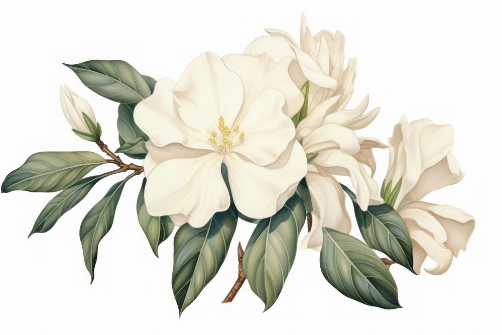 Botanical illustration gardenia flower plant white.