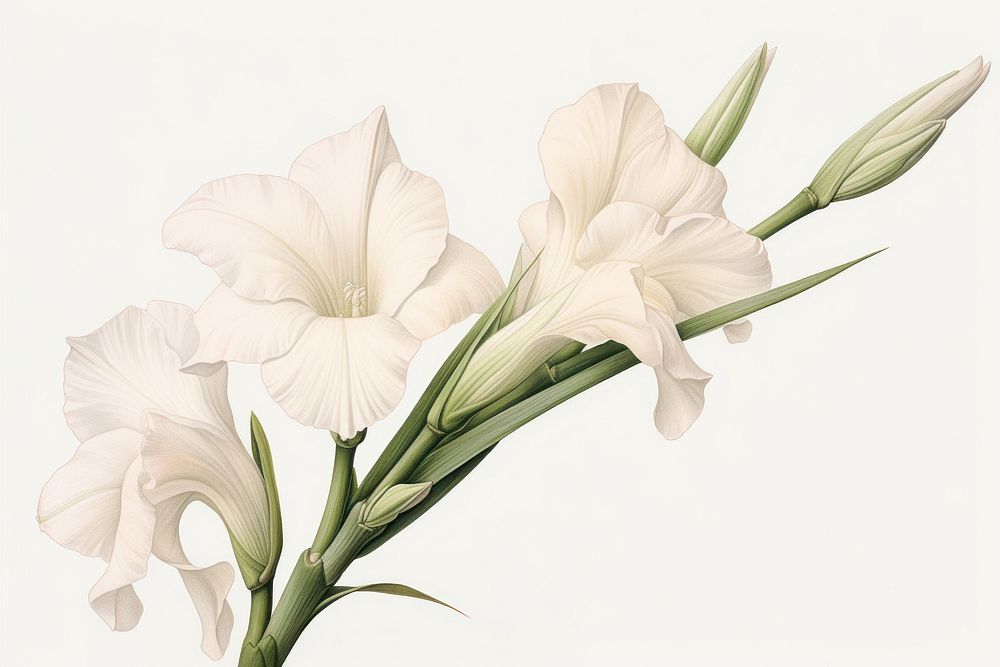 Botanical illustration gladiolus flower plant white.