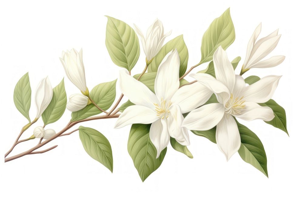 Botanical illustration jasmine flower blossom plant.