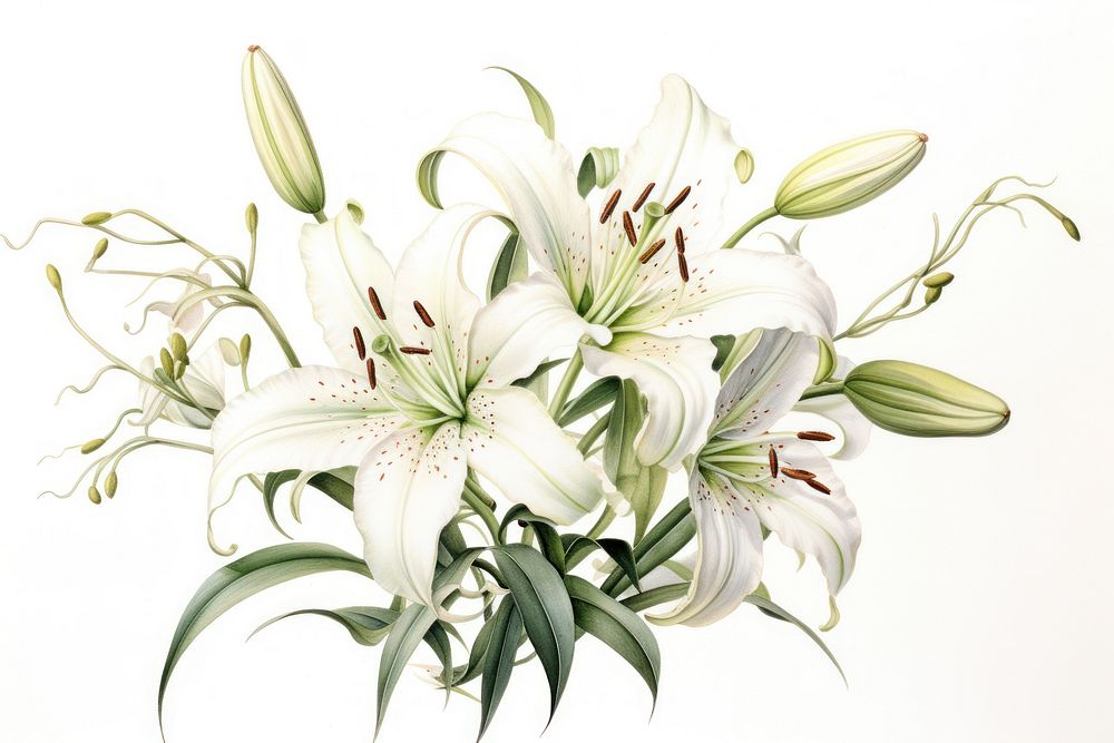 Botanical illustration lily bouquet flower plant white.