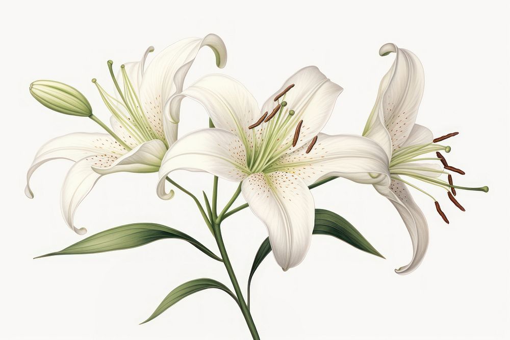 Botanical illustration lily flower plant white.