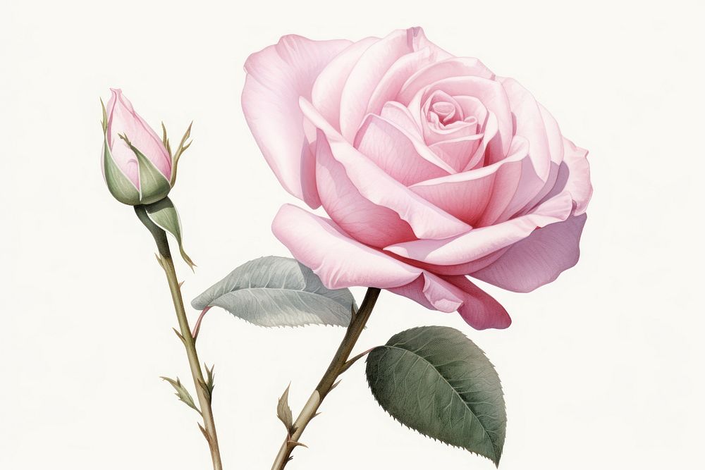 Botanical illustration pink rose flower plant inflorescence.