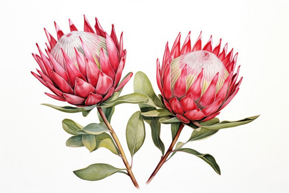Botanical illustration protea flower artichoke plant.