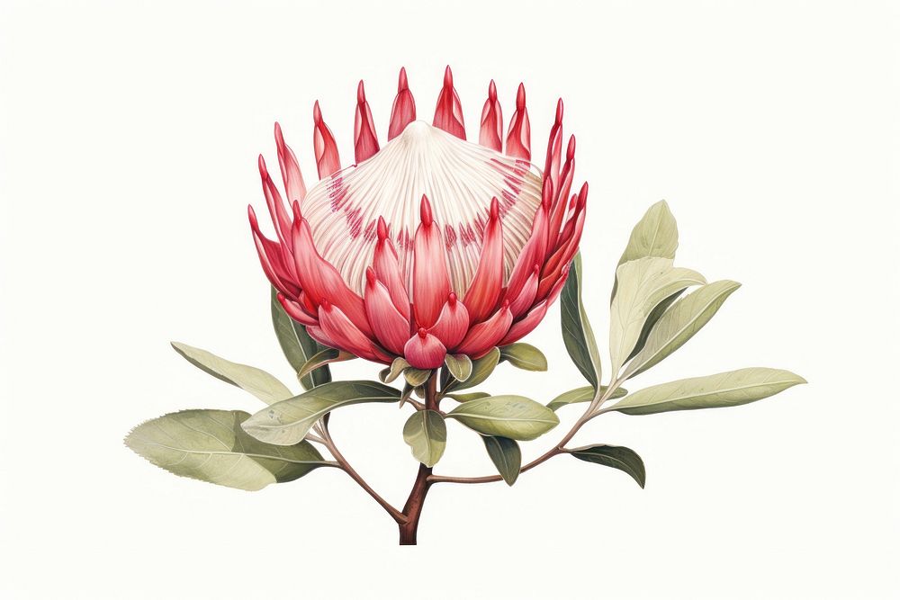 Botanical illustration protea flower blossom plant.