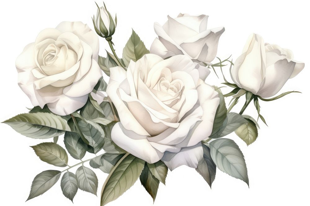 Botanical illustration white rose bouquet flower plant inflorescence.