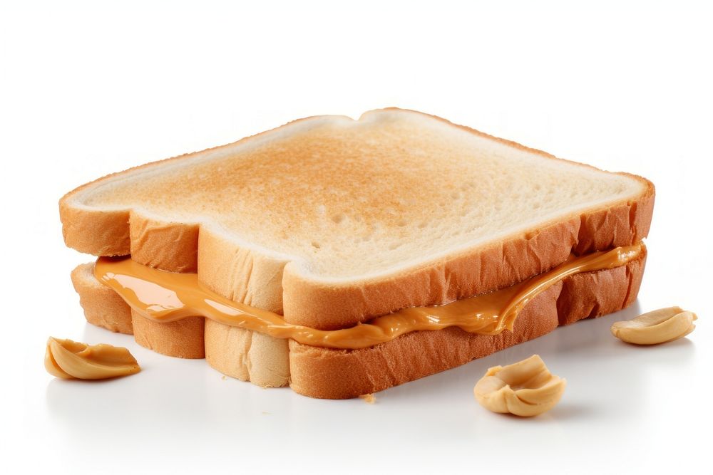 Bread with peanut butter food white background breakfast.