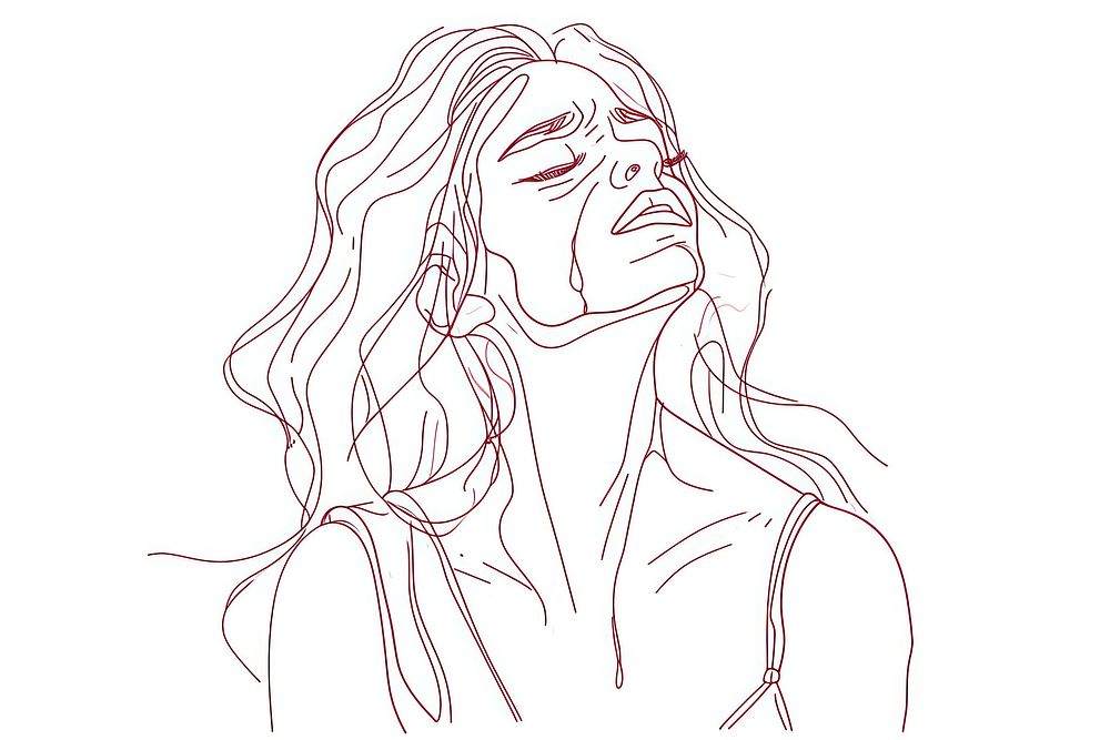 Continuous line drawing crying woman sketch art contemplation.