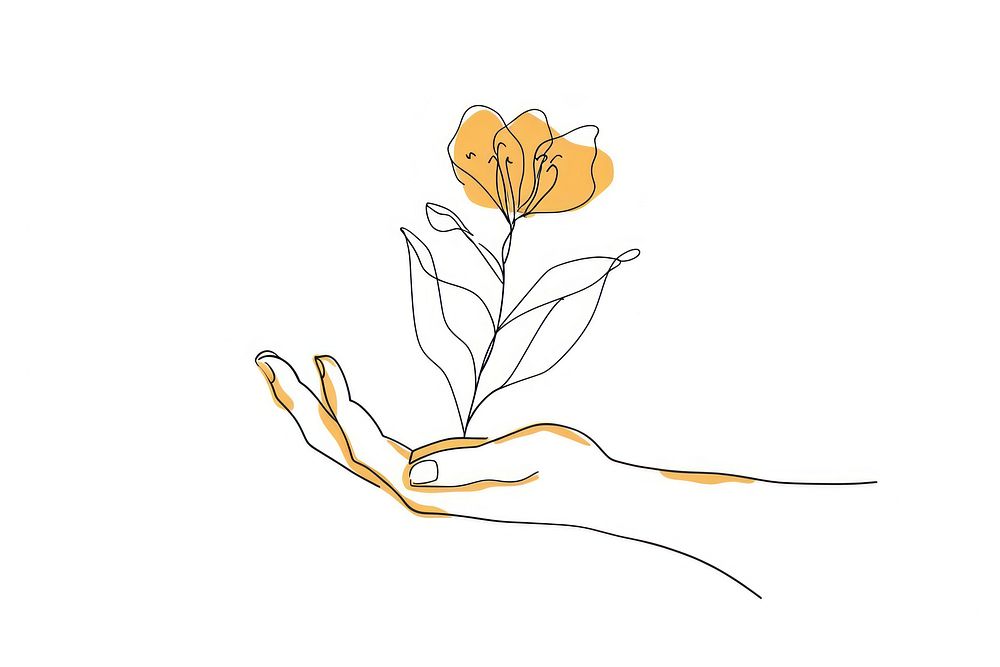 Continuous line drawing hand holding flower sketch plant art.