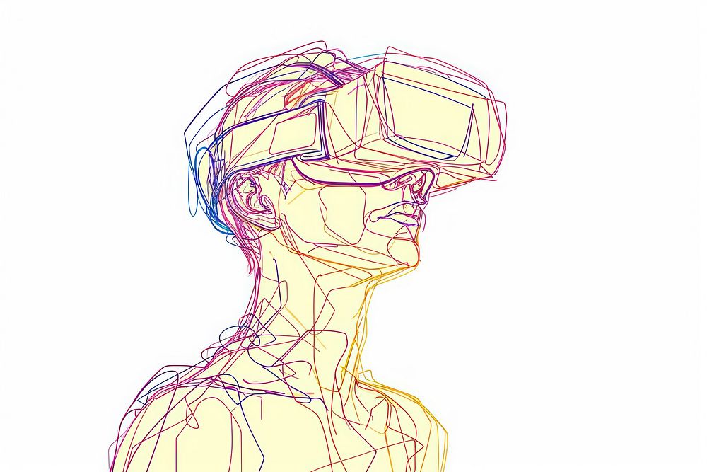 Continuous line drawing man wearing vr headset sketch art illustrated.