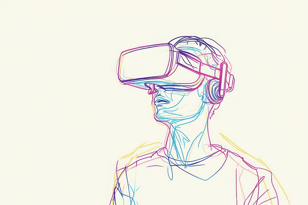 Continuous line drawing man wearing vr headset sketch adult art.