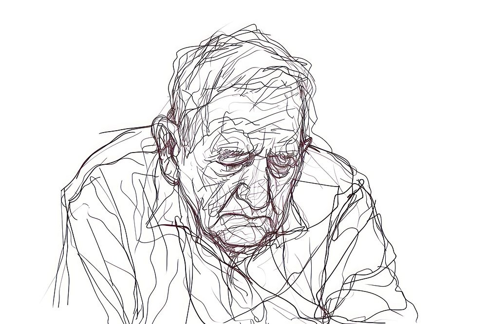 Continuous line drawing senior man art sketch contemplation.