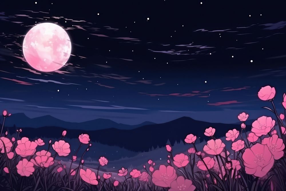 Pink wildflower night landscape astronomy.