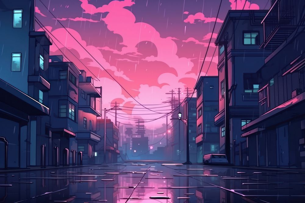 Rain in urban street anime city.